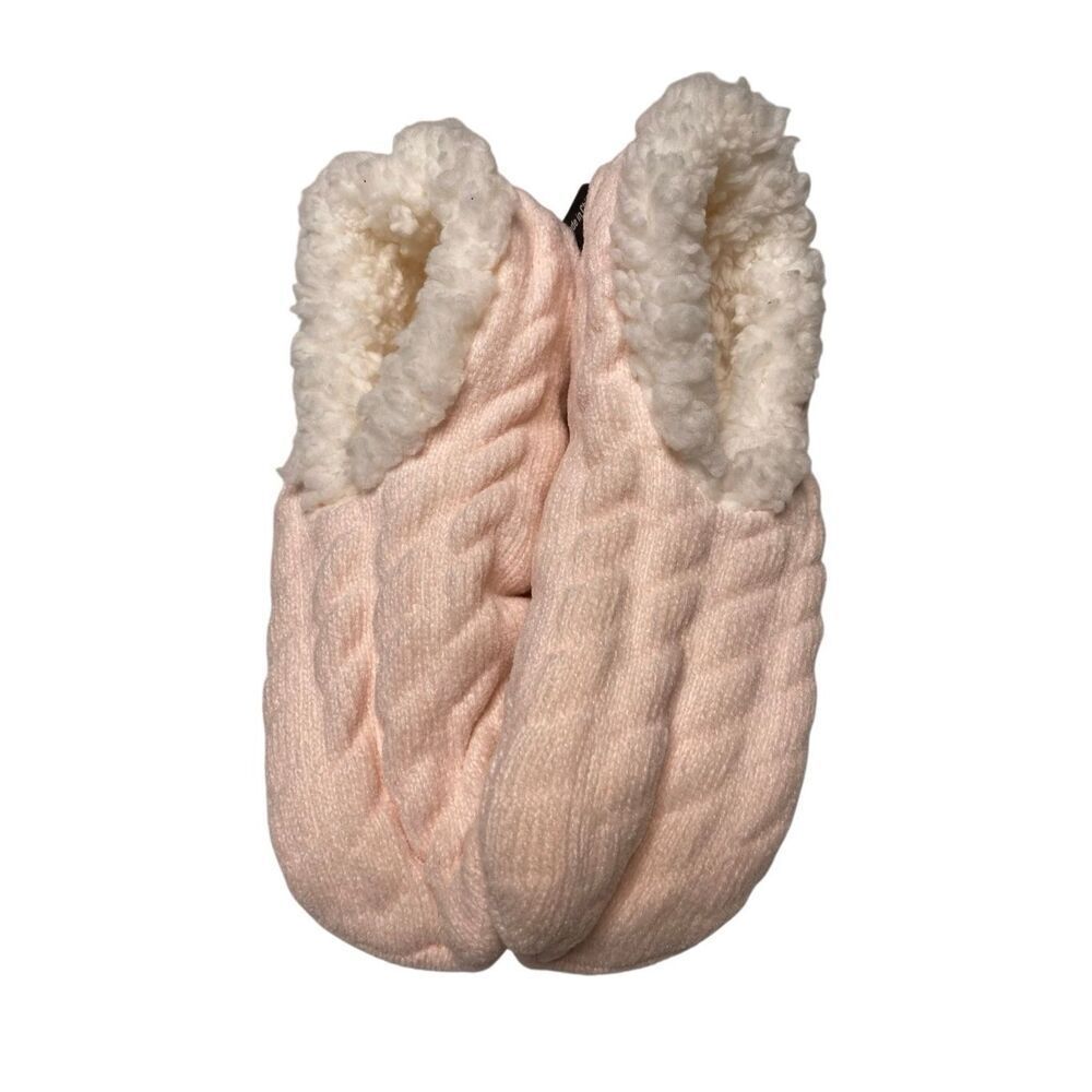Ladies Slipper Socks Pink Sherpa Lined Cable Knit Non Slip Size 5.5-7.5 Winter